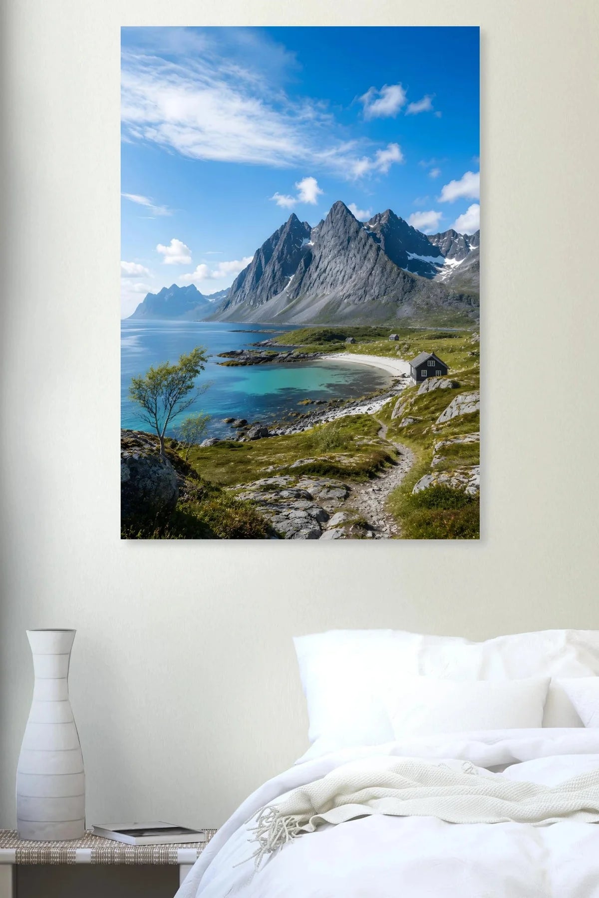 Lofoten Coastal Cabin Aluminum Wall Art – portrait detail view