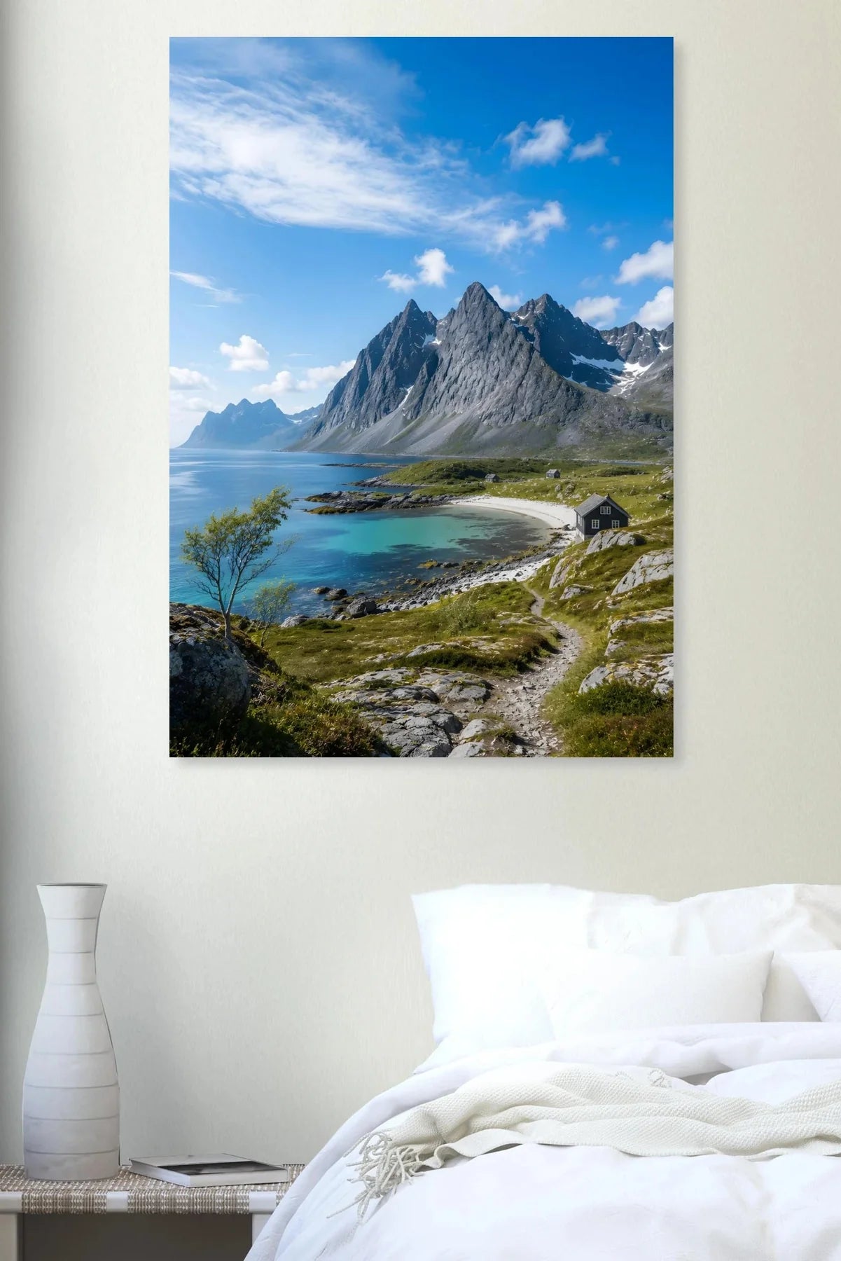 Lofoten Coastal Cabin Aluminum Wall Art – portrait detail view