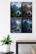 Mountain Lake Cabin Aluminum Print – Nordic Four Seasons – premium Scandinavian wall art
