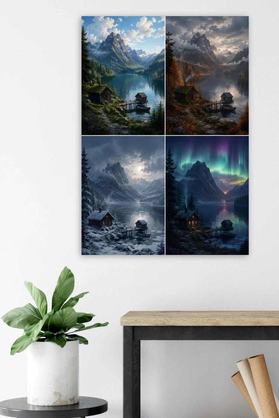 Nordic Mountain Lake Cabin Aluminum Wall Art – square detail view