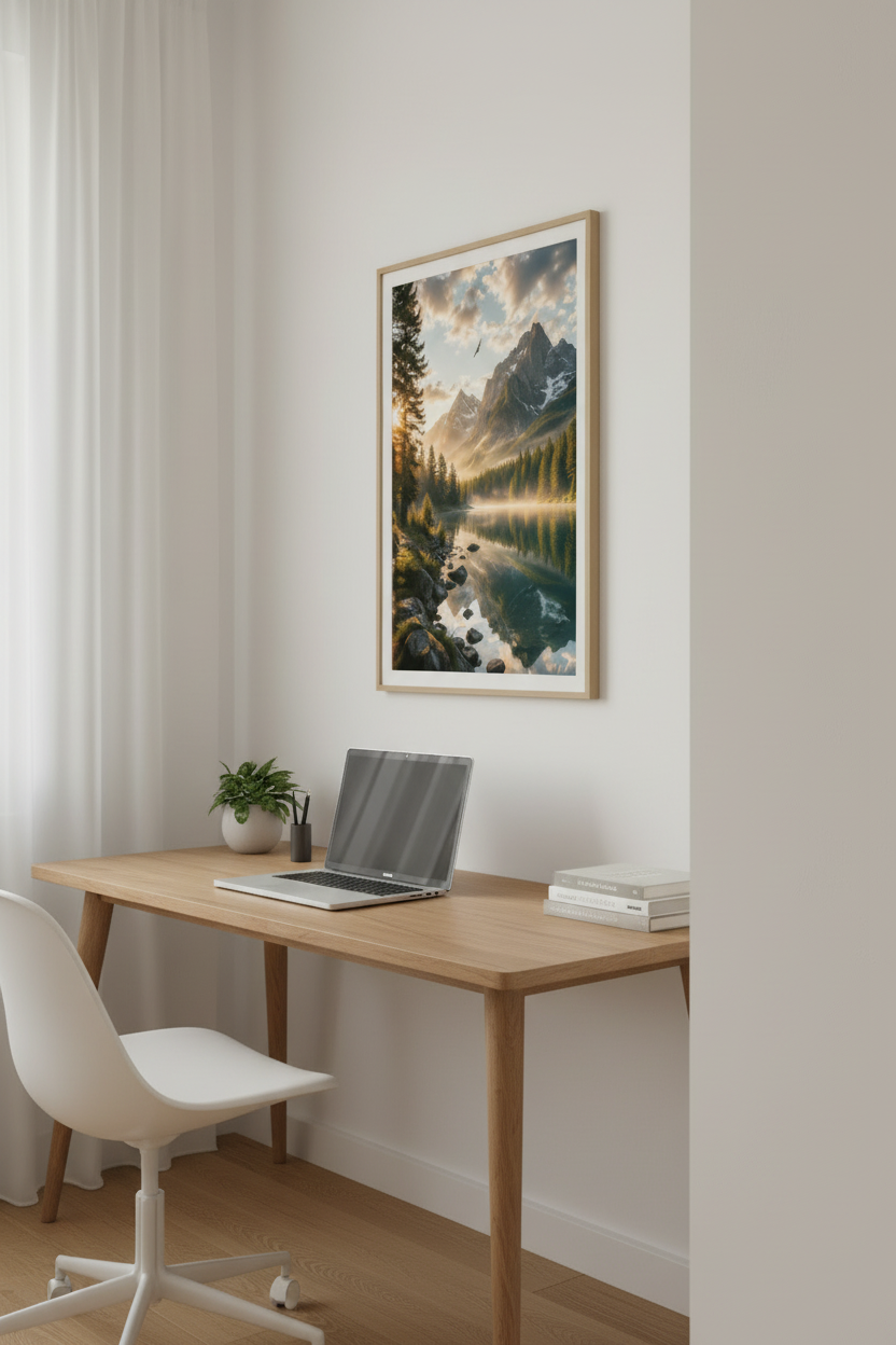 Nordic Mountain Wall Art Print in home office mockup