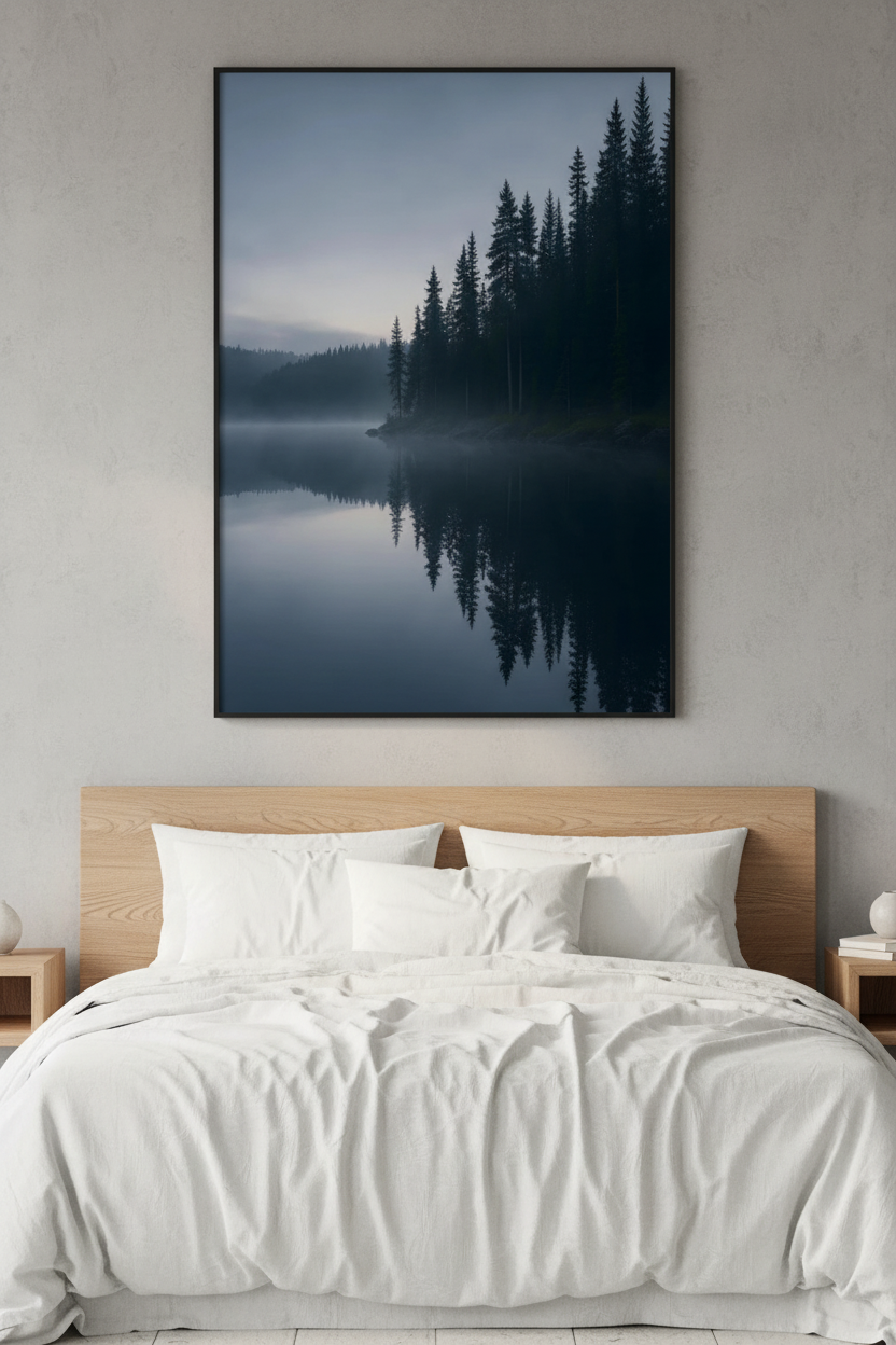 Nordic Forest Lake Reflection Wall Art Print – bedroom mockup