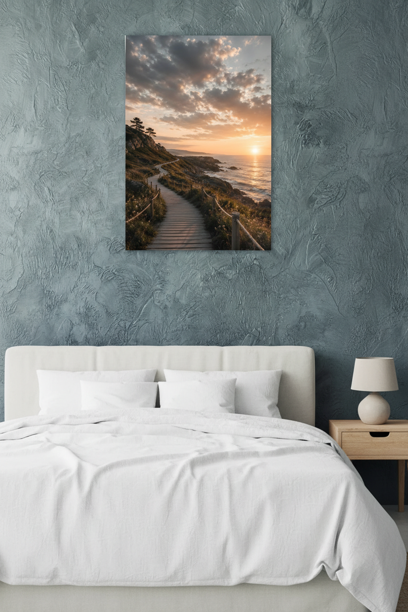 Nordic Coastal Sunset Wall Art Print – bedroom mockup