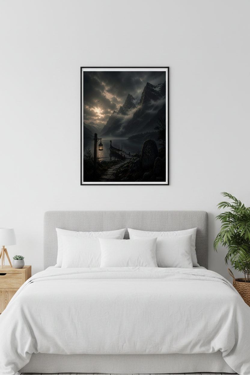 Longship at Dusk Wall Art Print – bedroom mockup