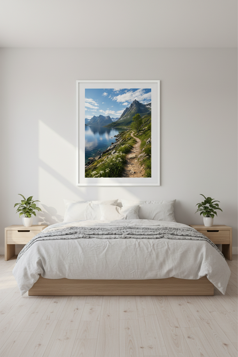 Nordic Lakeside Mountain Wall Art Print in Nordic bedroom