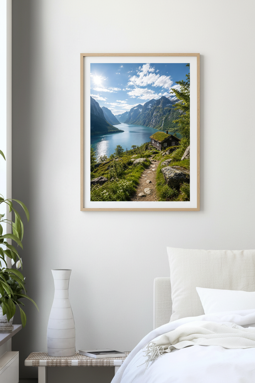 Norwegian Summer Fjord Wall Art Print – living room mockup