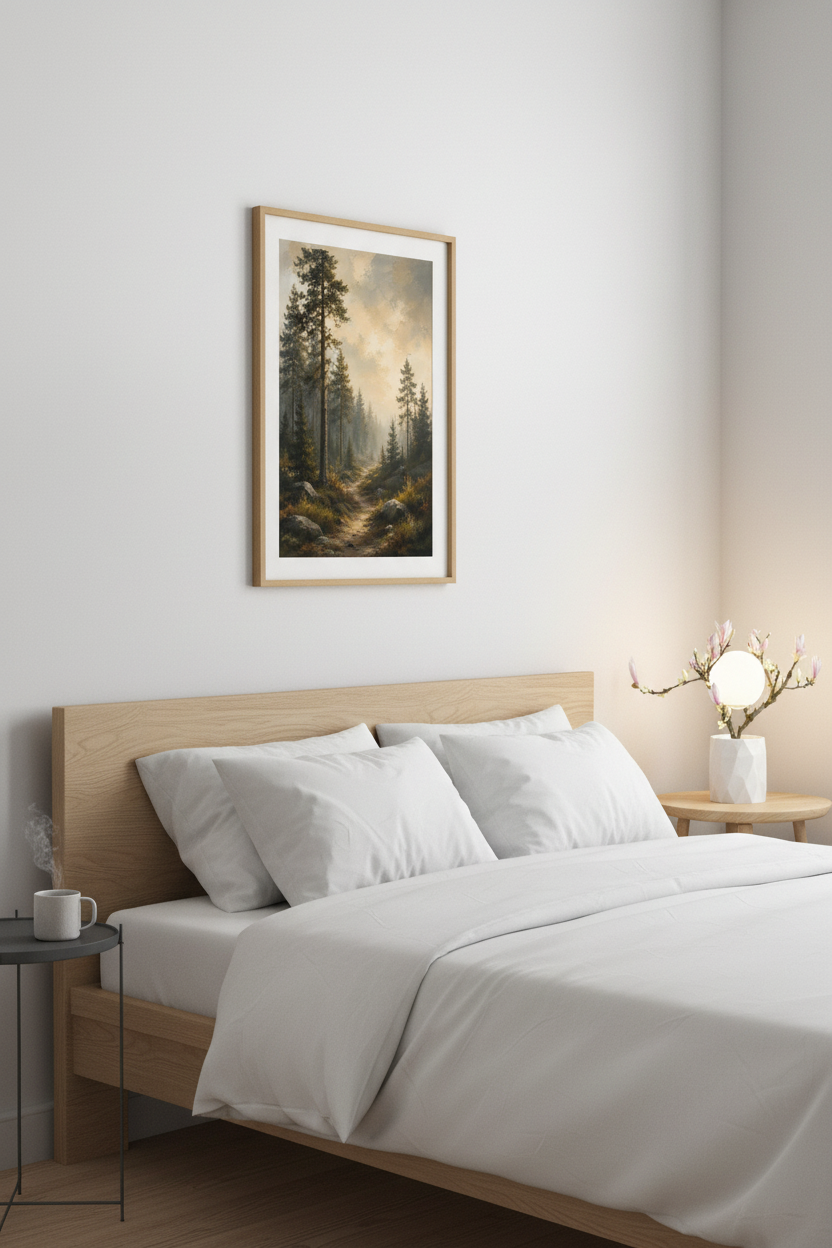 Whispers of the Nordic Forest Wall Art Print – bedroom mockup