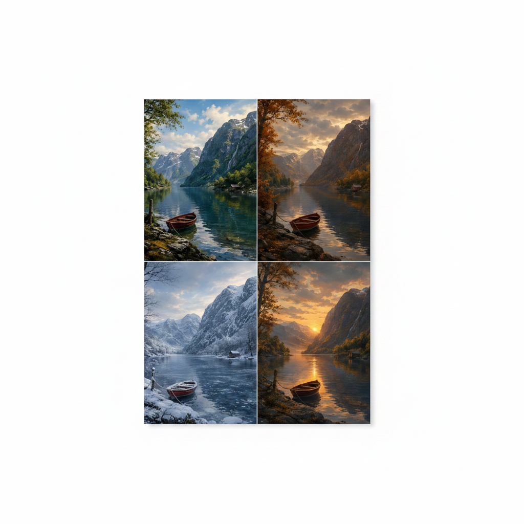 Fjord Rowboat Seasons Wall Art Print – full print on white background