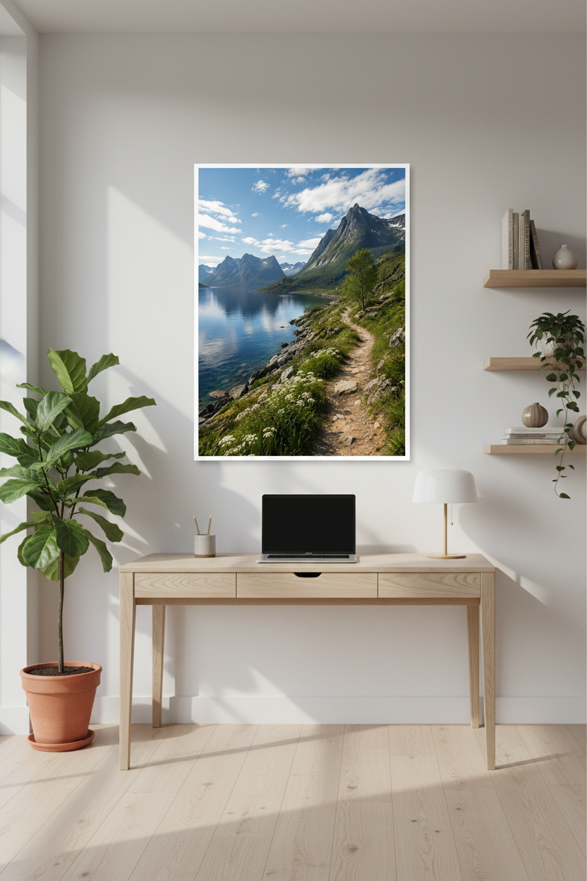 Nordic Lakeside Mountain Wall Art Print in Scandinavian home office