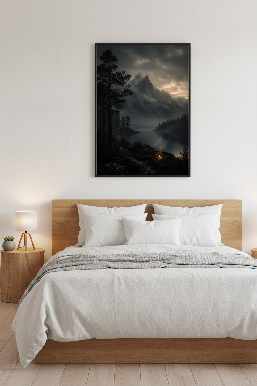 Silent Mist Valley Wall Art Print – bedroom mockup