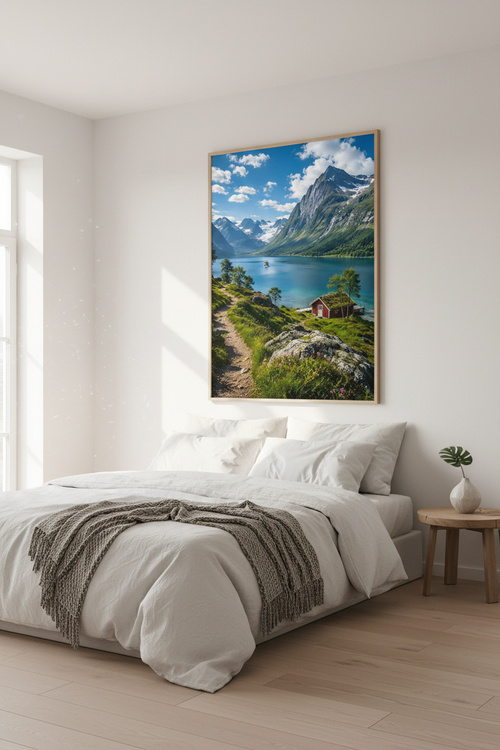 Nordic Mountain Cabin Wall Art Print in Nordic bedroom