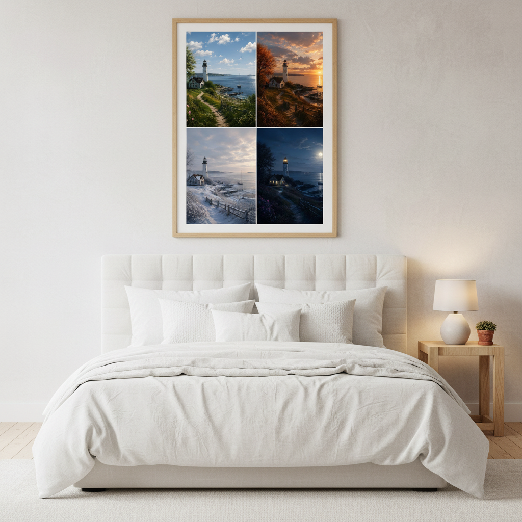 Lighthouse Seasons Wall Art Print – bedroom mockup