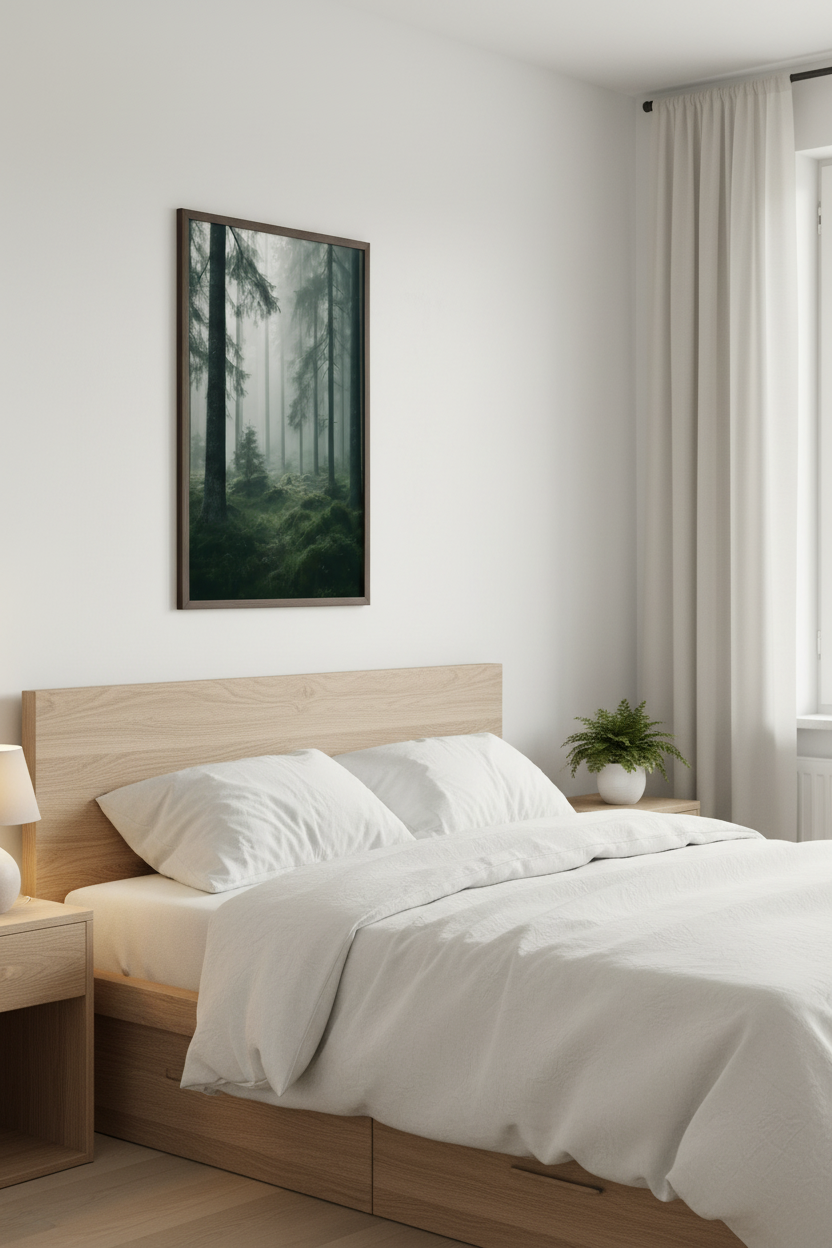 Misty Swedish Forest Wall Art Print – bedroom mockup