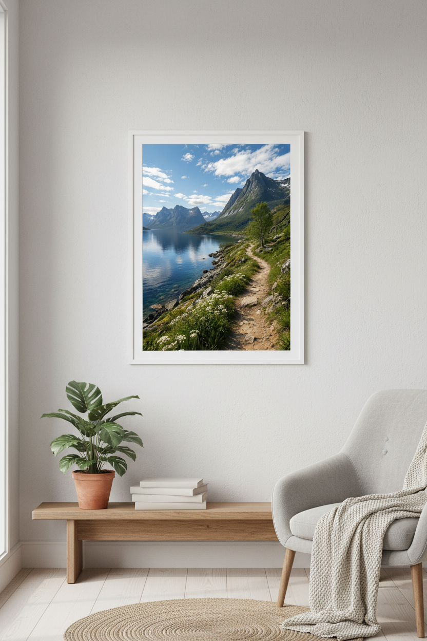 Nordic Lakeside Mountain Wall Art Print in Scandinavian living room