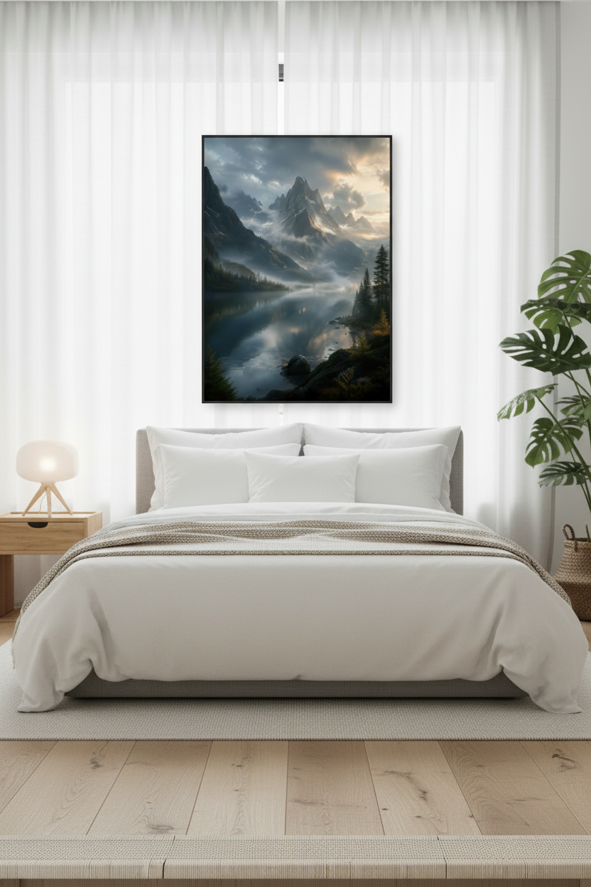 Enchanted Nordic Peaks Wall Art Print – bedroom mockup