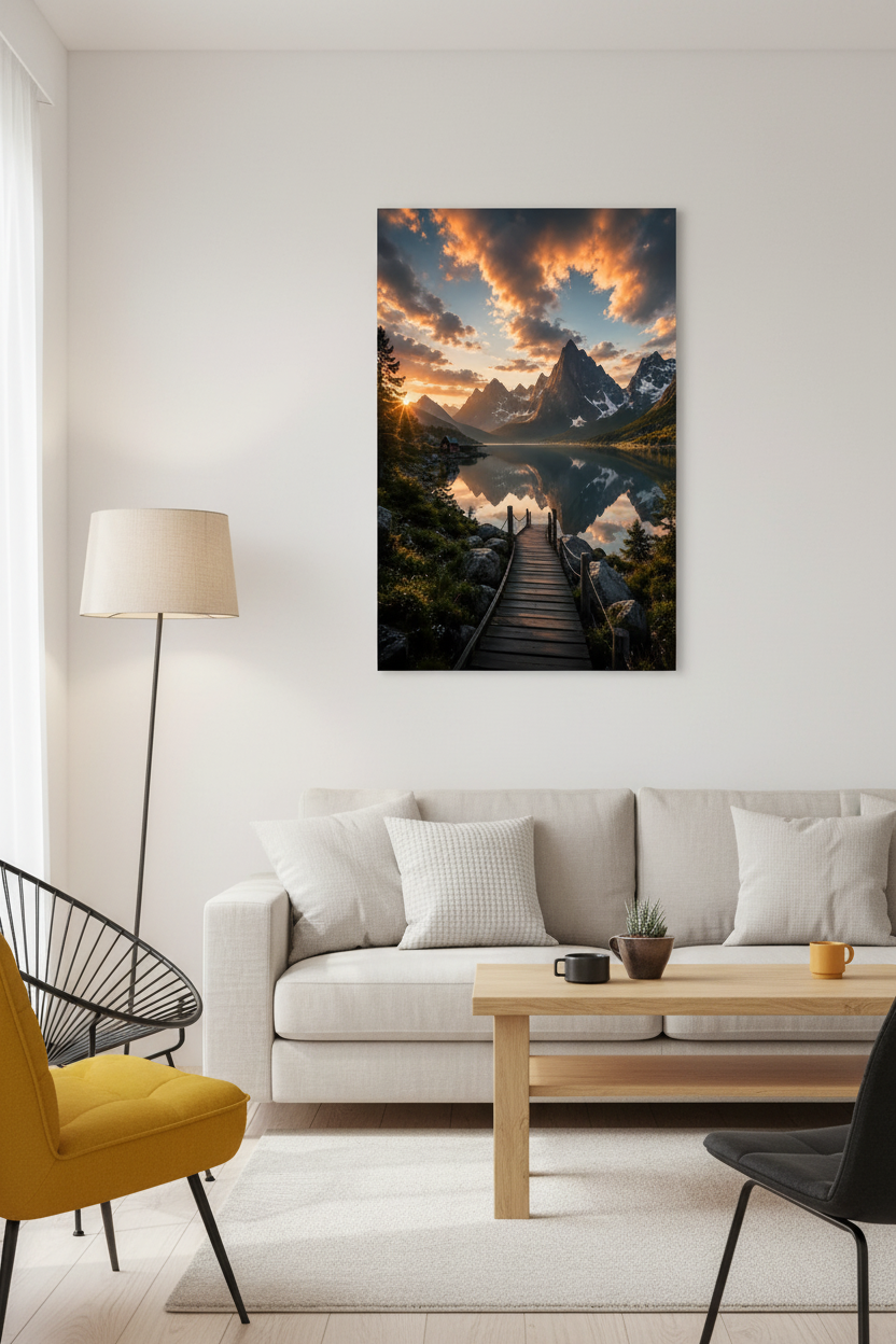 Nordic Golden Sunset Wall Art Print in living room mockup