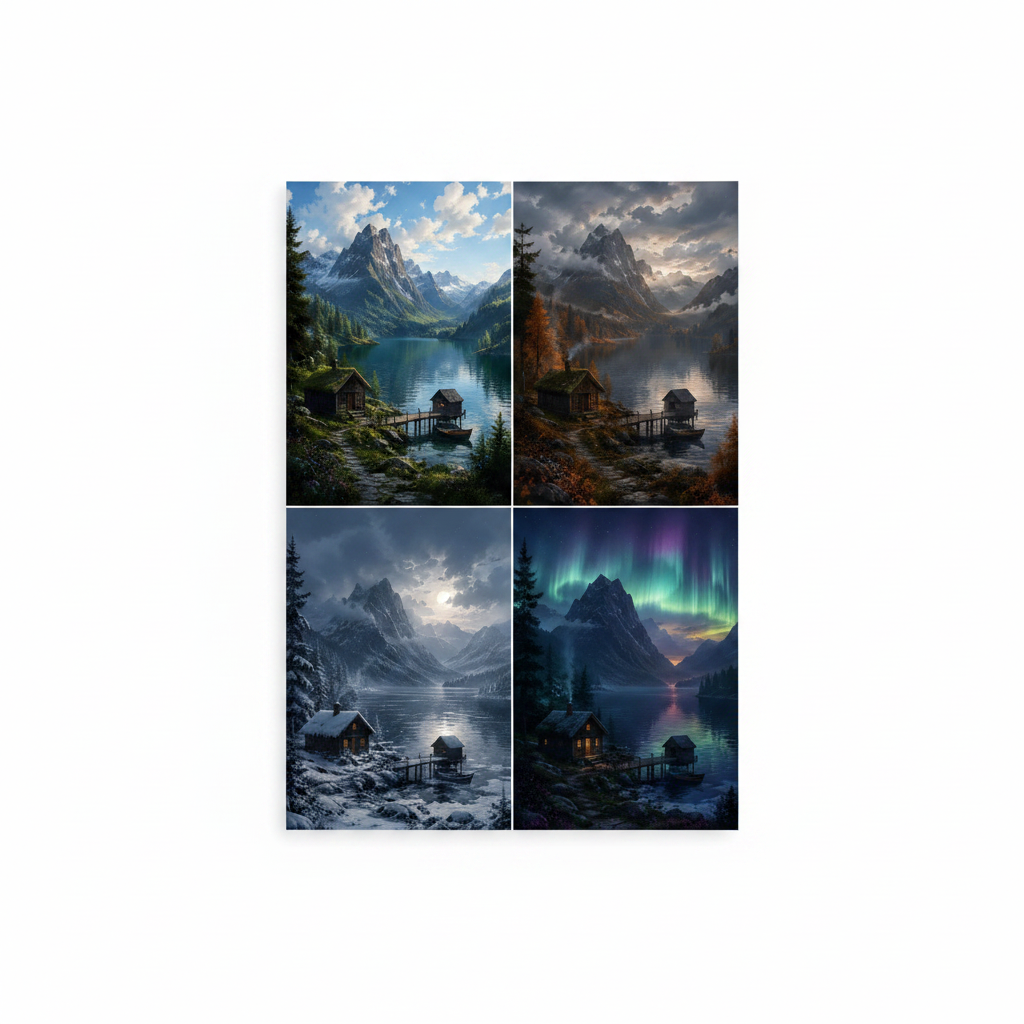 Mountain Cabin Seasons Wall Art Print – full print on white background