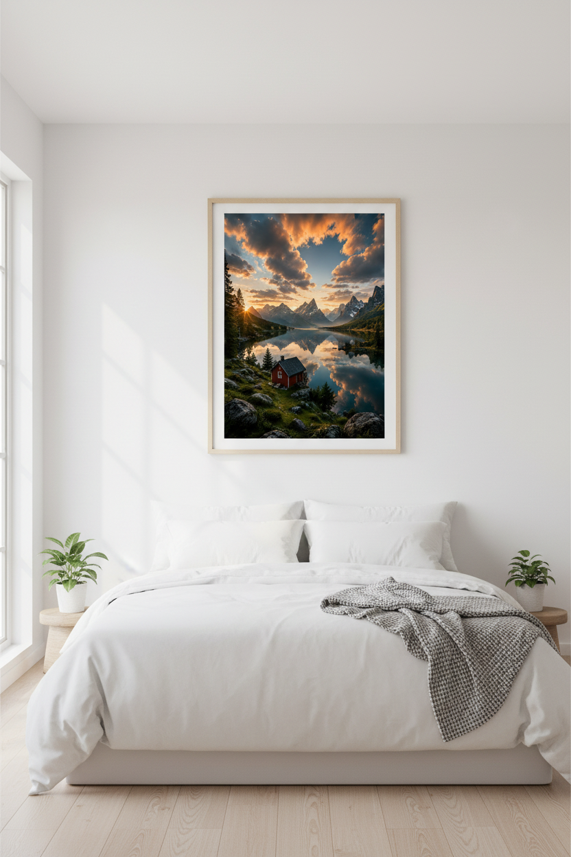 Nordic Lake Reflection Wall Art Print in Nordic bedroom