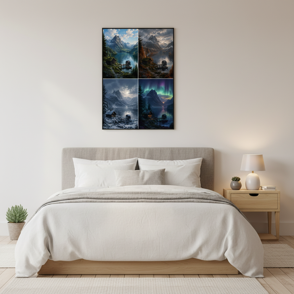 Mountain Cabin Seasons Wall Art Print – bedroom mockup