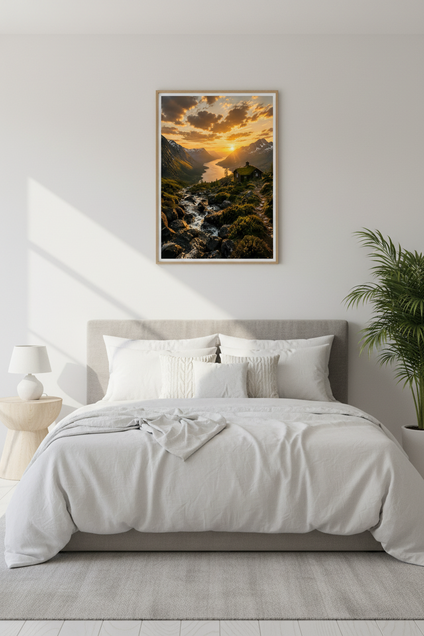 Nordic Golden Valley Wall Art Print in Nordic bedroom