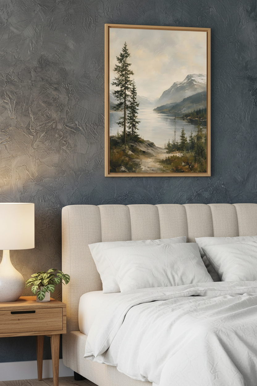 Nordic Fjord Serenity Wall Art Print – bedroom mockup
