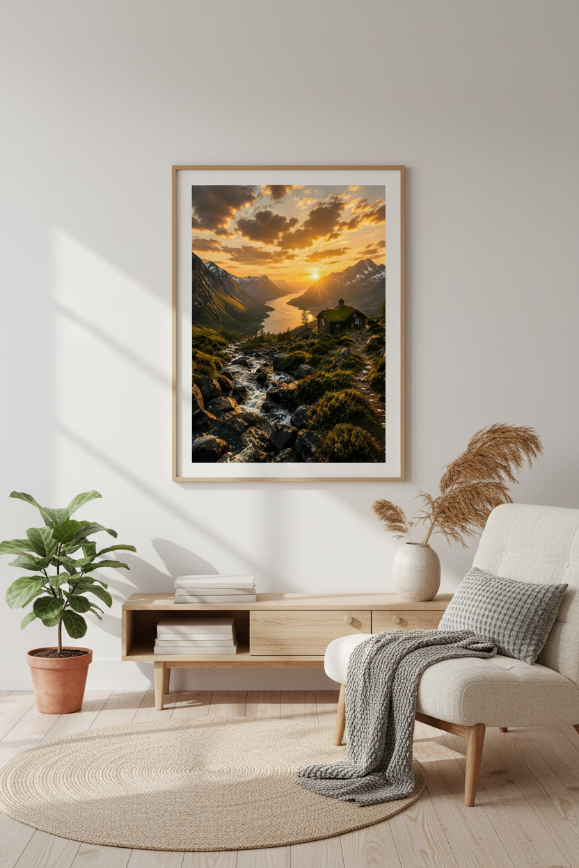 Nordic Golden Valley Wall Art Print in Scandinavian living room