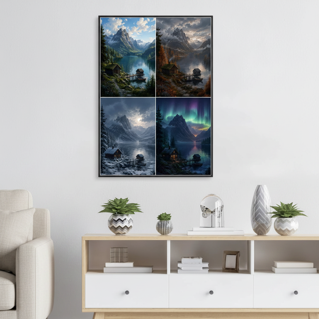 Mountain Lake Seasons Wall Art Print – living room mockup