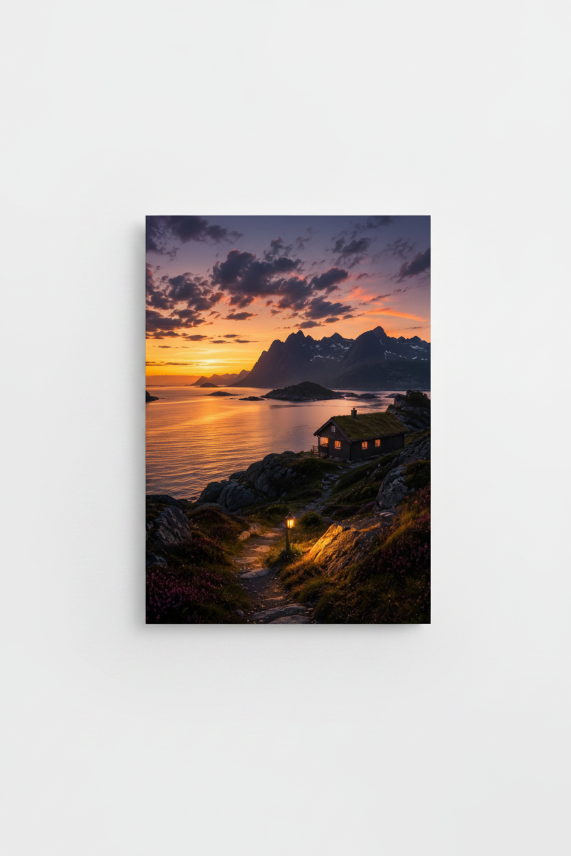 Nordic Twilight Cabin Wall Art Print – full print on white background