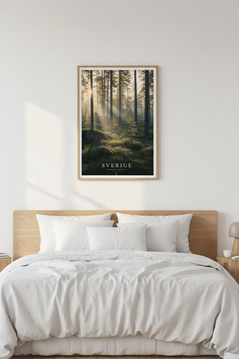 Swedish Forest Morning Light Wall Art Print – bedroom mockup