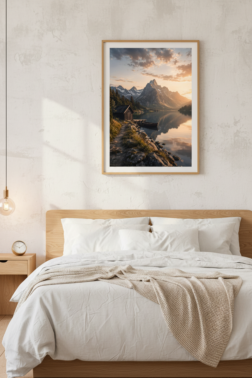 Nordic Lakeside Cabin Wall Art Print – bedroom mockup