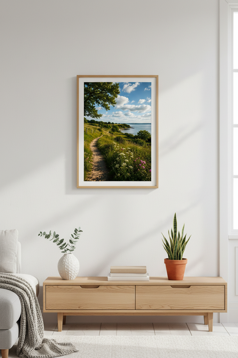 Nordic Sunny Coastline Wall Art Print in Scandinavian living room