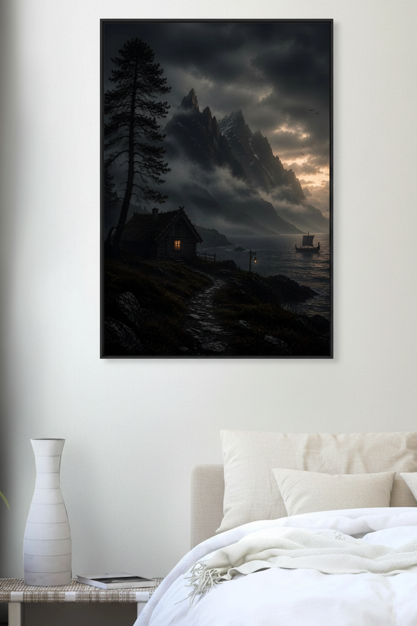 Cabin by the Fjord Wall Art Print – living room mockup