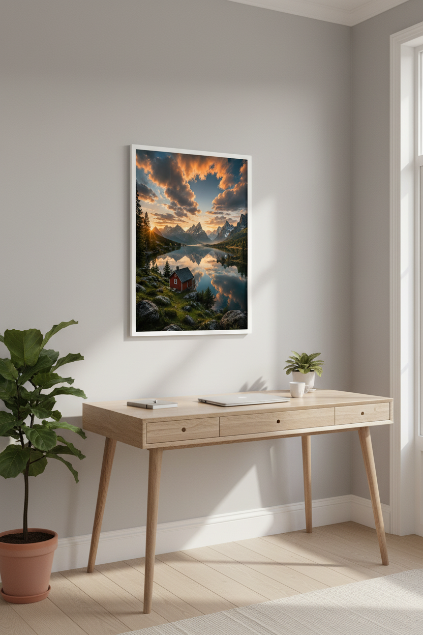 Nordic Lake Reflection Wall Art Print in Scandinavian home office