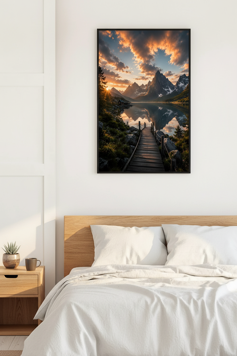 Nordic Golden Sunset Wall Art Print in bedroom mockup