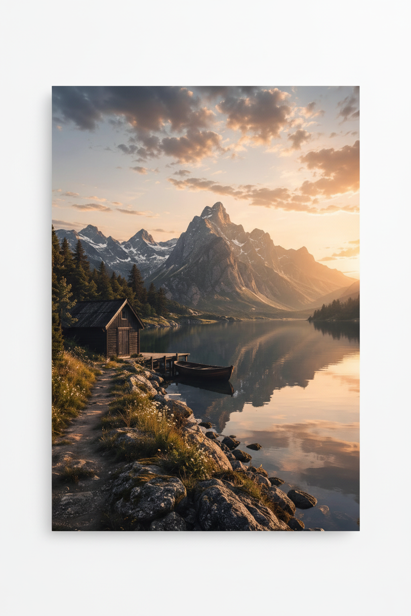 Nordic Lakeside Cabin Wall Art Print – full print on white background