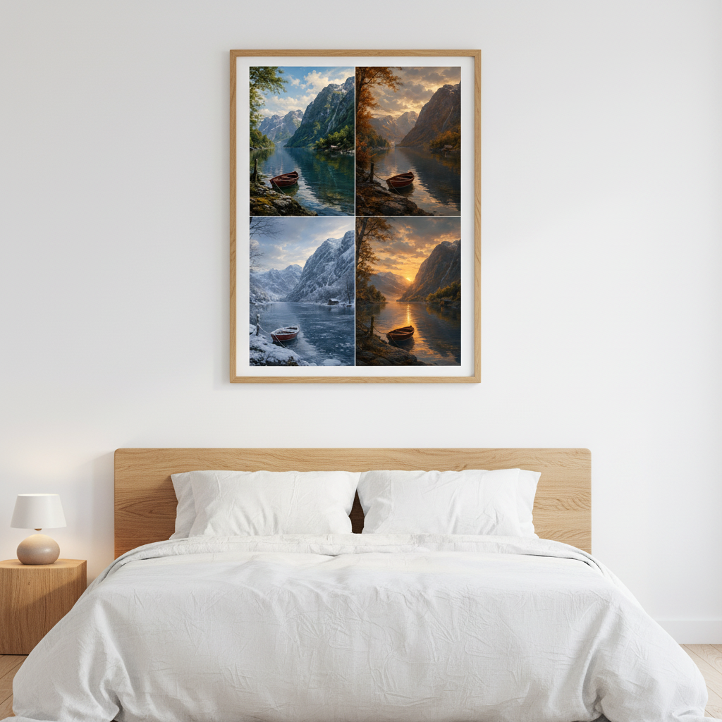 Fjord Rowboat Seasons Wall Art Print – bedroom mockup