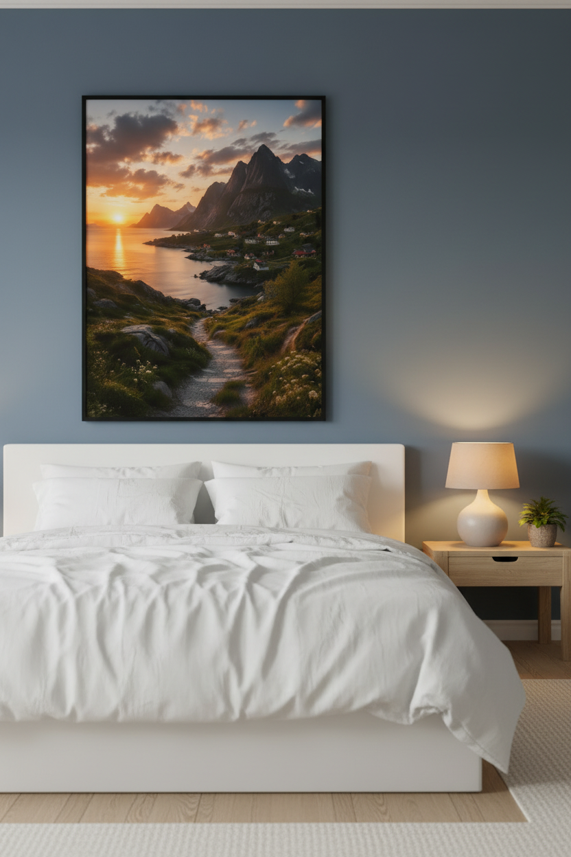 Norwegian Fjord Village Wall Art Print – bedroom mockup