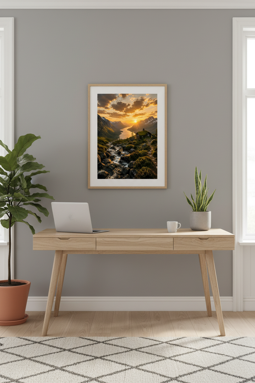 Nordic Golden Valley Wall Art Print in Scandinavian home office