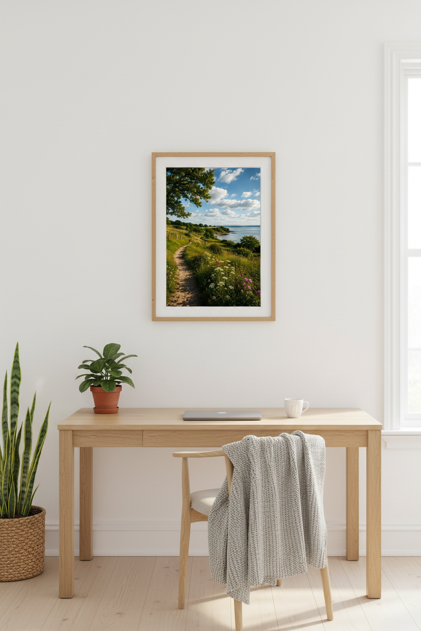 Nordic Sunny Coastline Wall Art Print in Scandinavian home office