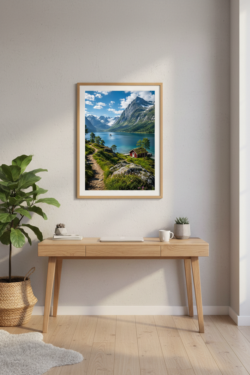 Nordic Mountain Cabin Wall Art Print in Scandinavian home office
