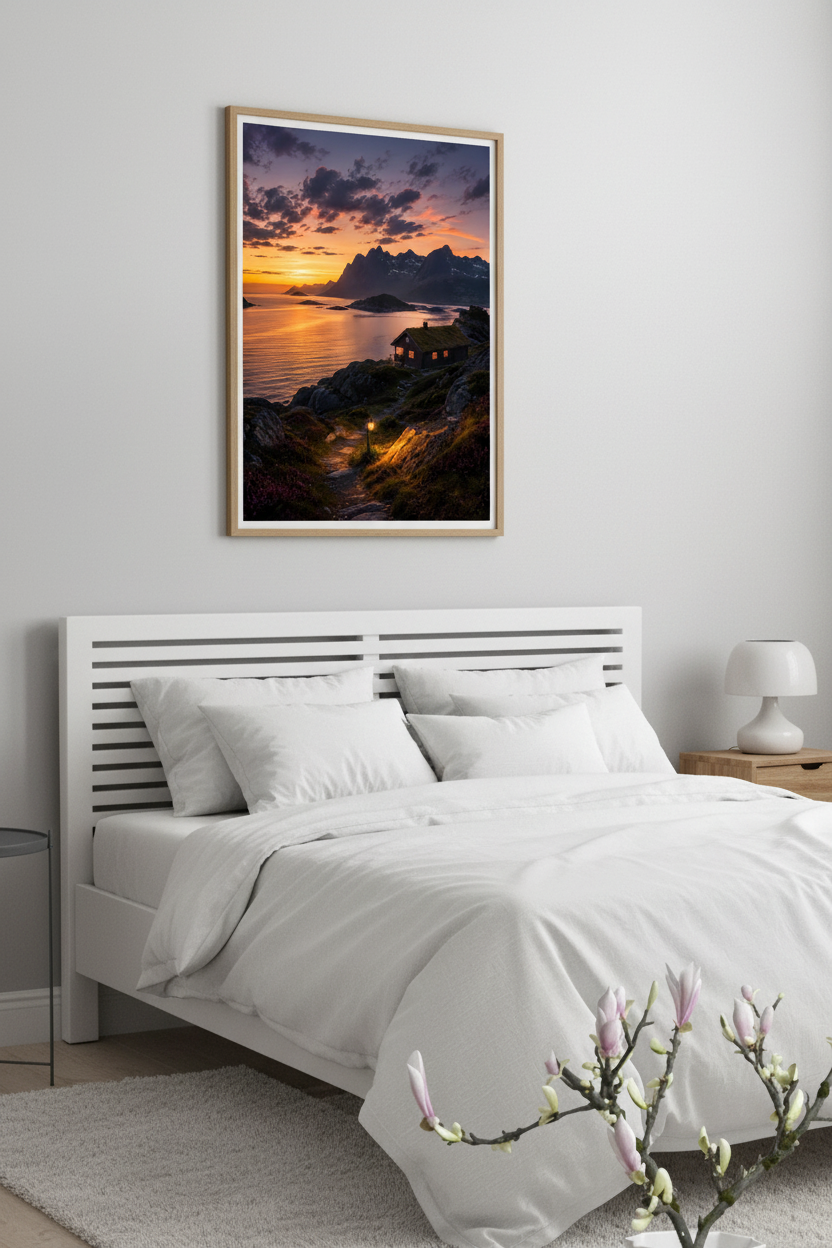 Nordic Twilight Cabin Wall Art Print – bedroom mockup