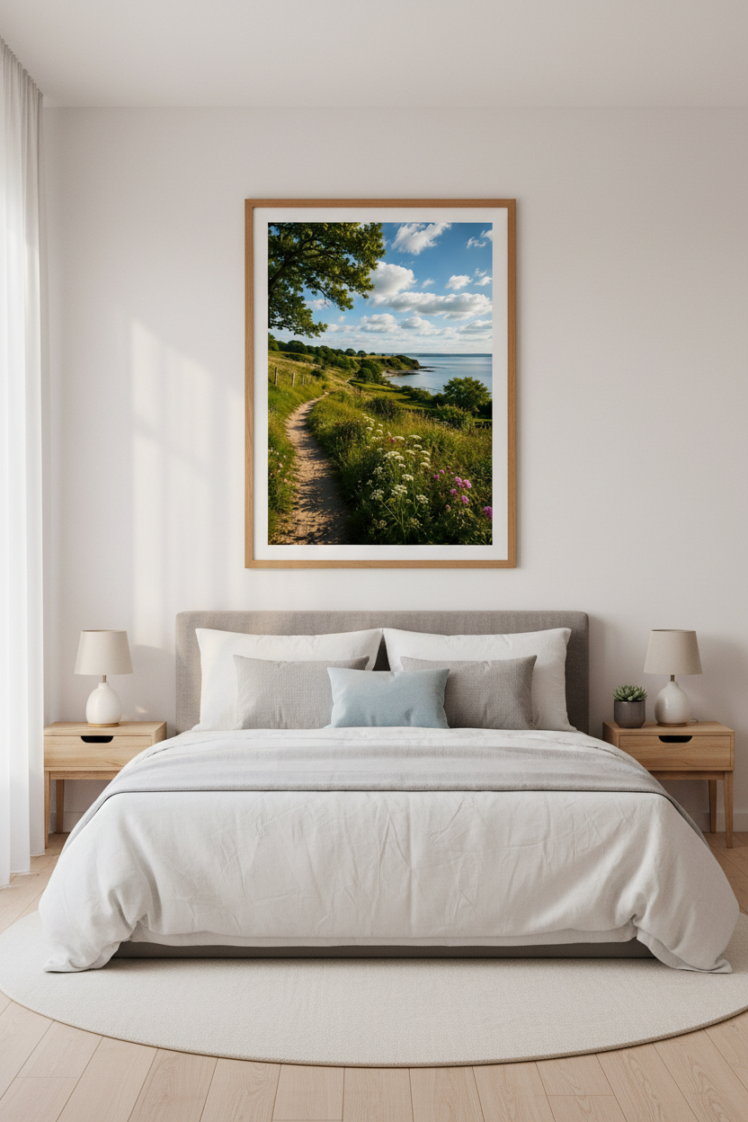 Nordic Sunny Coastline Wall Art Print in Nordic bedroom