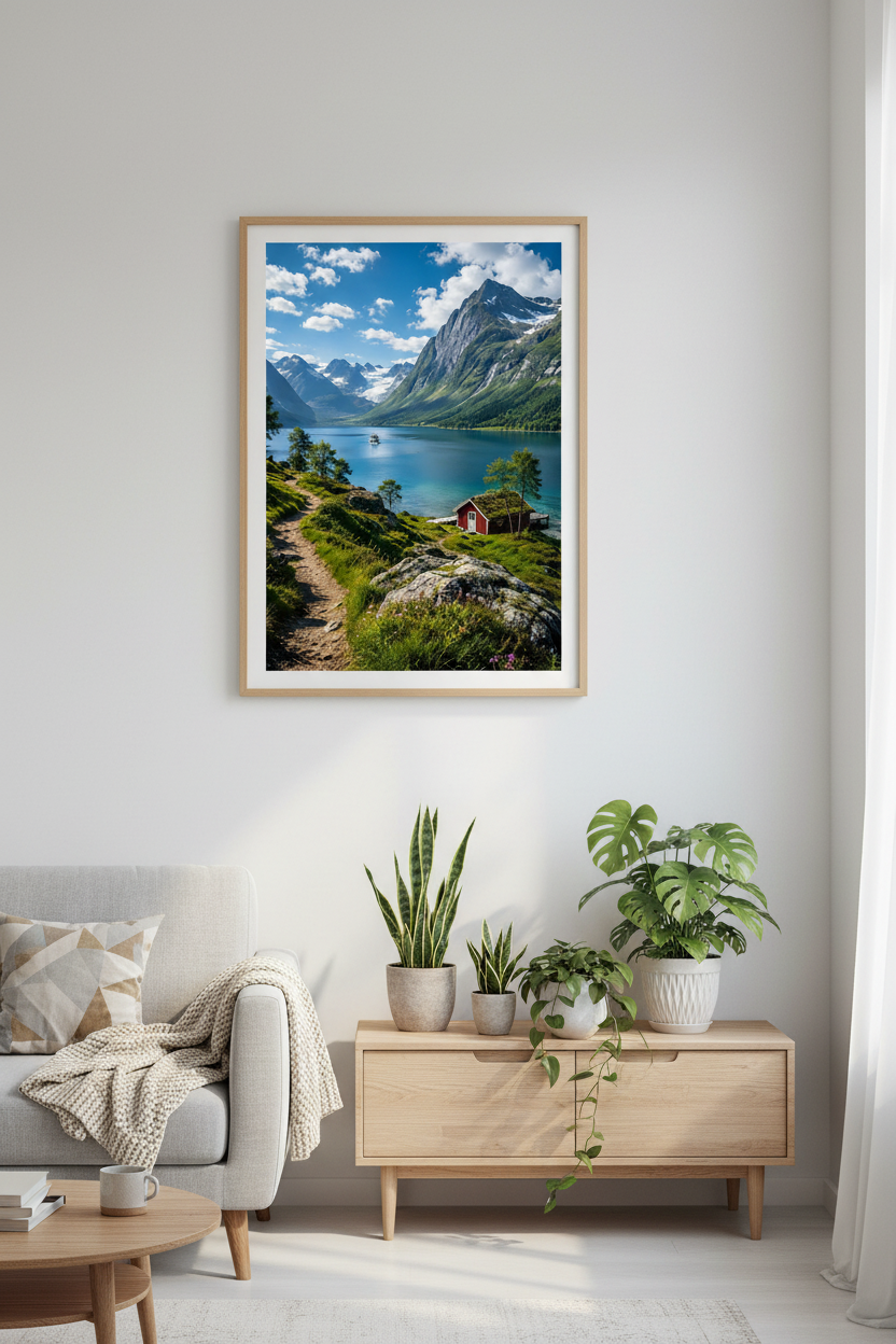 Nordic Mountain Cabin Wall Art Print in Scandinavian living room