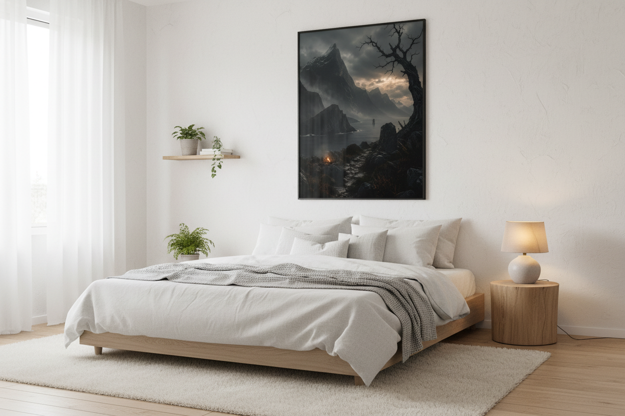 Stormbound Fjord poster in a Scandinavian bedroom