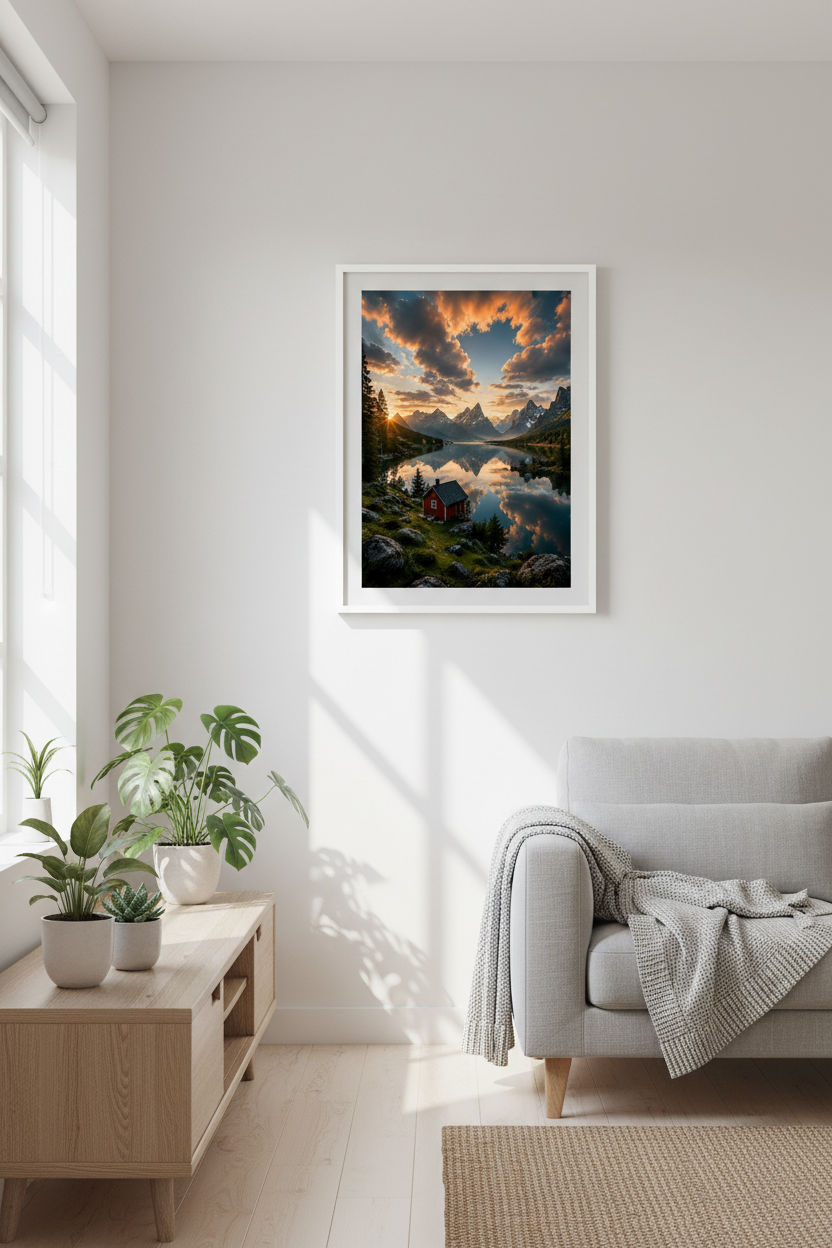 Nordic Lake Reflection Wall Art Print in Scandinavian living room