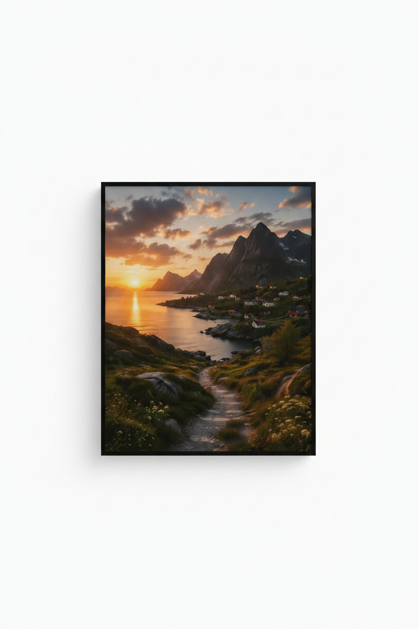 Norwegian Fjord Village Wall Art Print – full print on white background